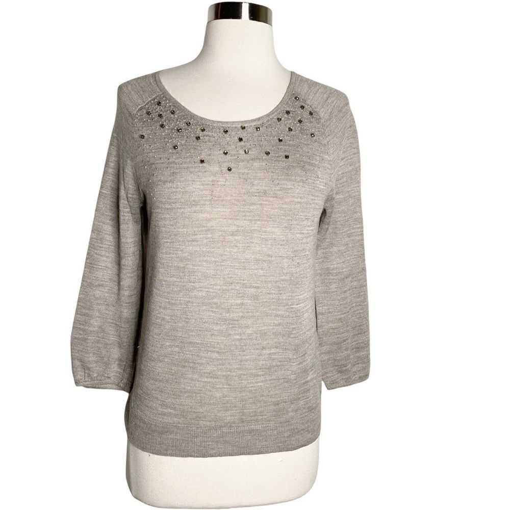 Loft Womens Embellished Sweater Top Size Small Tan 3/4 Sleeve